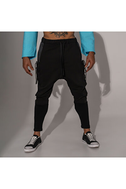 Asimetrix Store Men's black trousers with lapels, side drawstrings and appliq...