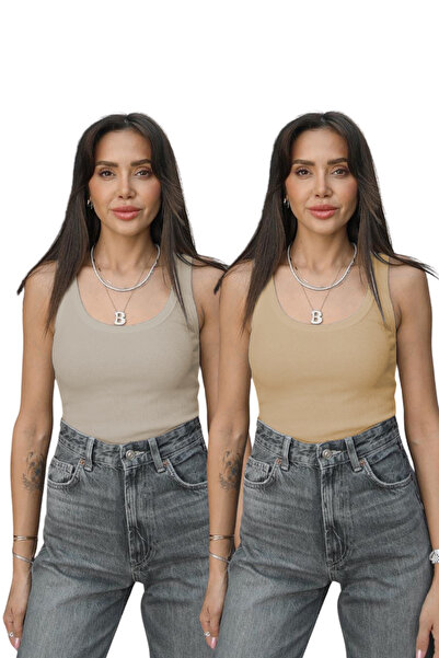 YAKAMEL Women's 2-Piece Light Beige and Dark Beige Terry Fabric Thick Strap F...