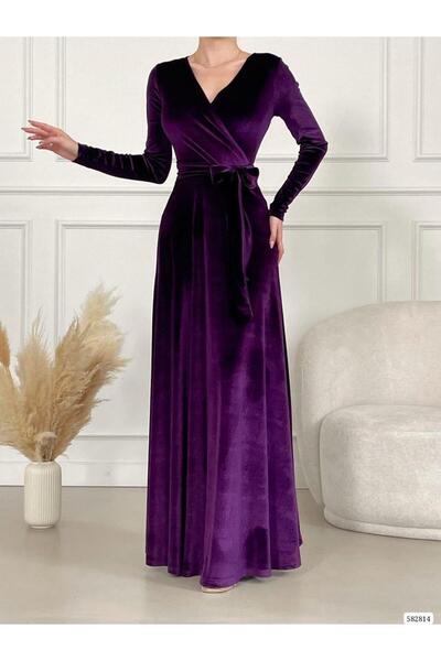 Modafeminen Μωβ διπλό πέτο Φόρεμα με λαιμόκοψη και μέση Με δέσιμο Βελούδο μακ...