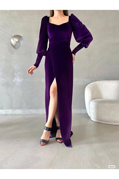 Modafeminen Purple Square Neck Velvet Evening Dress with Slits 582344