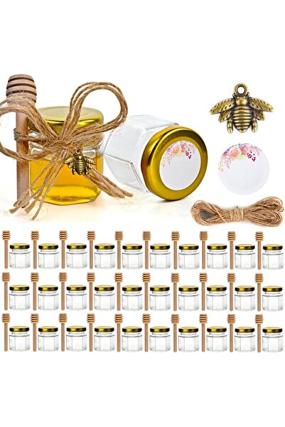 CLTP Set of 30 mini glass jars with lids for honey, jam, spices, 45 ml, hexag...