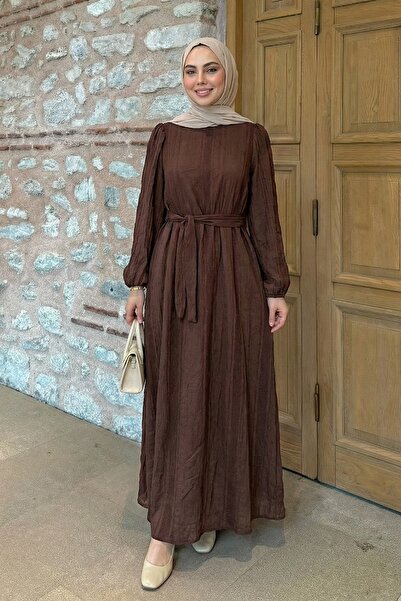 InStyle Casual Belted Bitter Brown Jacquard Dress