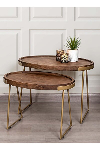 Generic Wooden Oval Side Table Set 2 Pieces 65x45x50cm