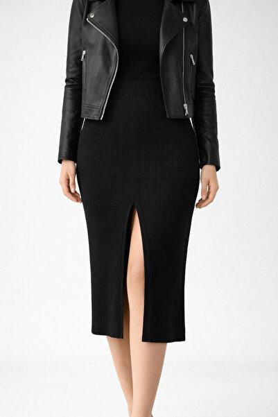 DM DİLAN MODA Standard Size Elastic Waist Slit Tricot Skirt