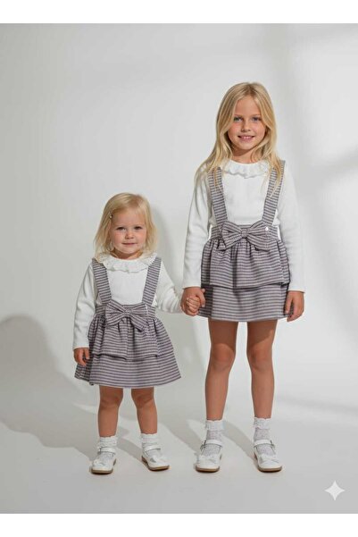 Pıtırkids طقم فستان سالوبيت منقوش للفتيات |   تنورة بحمالات وبلوزة بأكمام طوي...