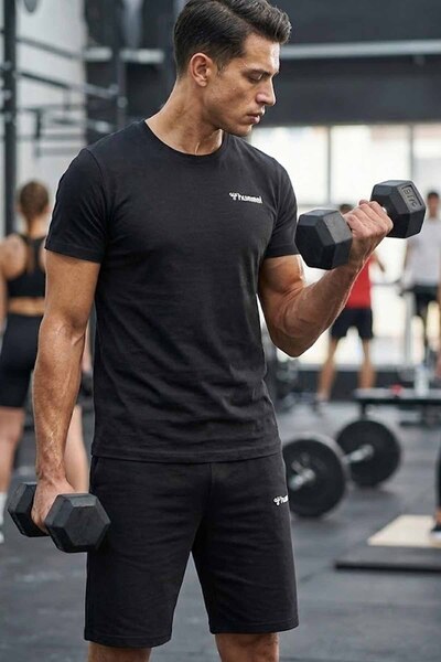 hummel Men's Black T-Shirt Shorts Set 100% Cotton Regular Cut-C2
