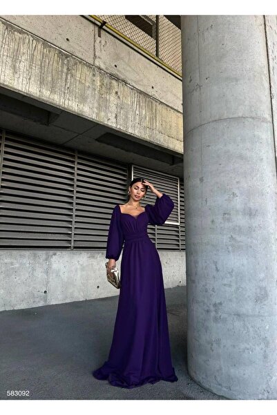 Modafeminen فستان سهرة طويل بأكمام بالون وياقة مربعة باللون الأرجواني 583092