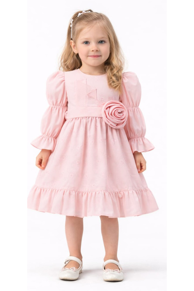 İrem Çocuk Giyim Girl's Floral Detailed Balloon Sleeve Model Dress with Ruffl...