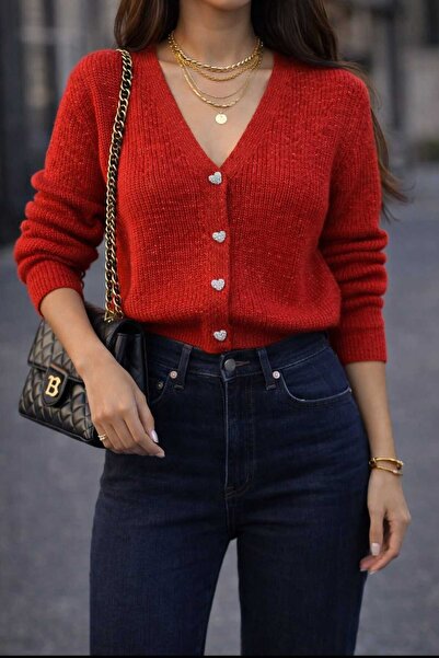 Minası Butik KENDİNDEN SİMLİ KALP DÜĞMELİ TRİKO HIRKA