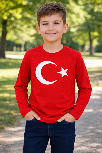 EYMİRGİYİM Unisex Kids Red Crescent Star Turkish Flag Cotton Long Sleeve T-Shirt