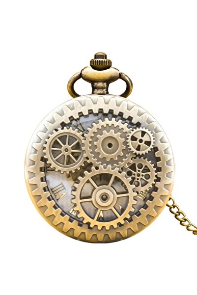 STİLLOVE Vintage Chain-Linked Wheel Embroidered Bronze Pocket Watch