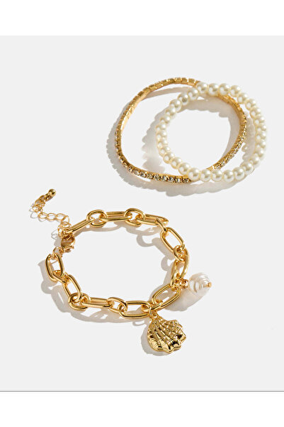 REDTAG Women Gold Embellished Bracelet Set (3 Piece)