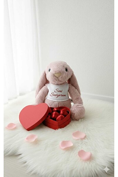 Toyaso Kişiye Özel Seni Seviyorum Tişörtlü Uyku Arkadaşım Pembe Tavşan ve Kal...