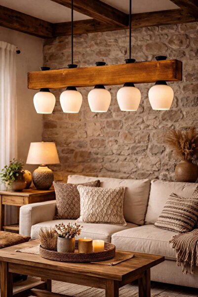 BİAVİZE AHŞAP TASARIM 5 Lİ BEYAZ CAMLI MODERN SARKIT AVİZE