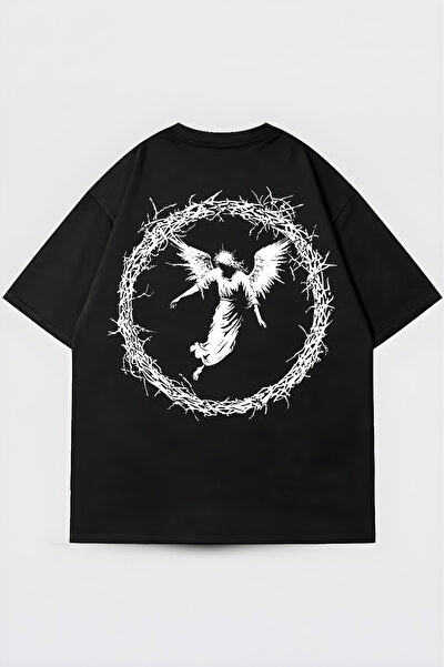 Agolady Unisex Oversize Angel and Barbed Wire Printed Crew Neck T-Shirt