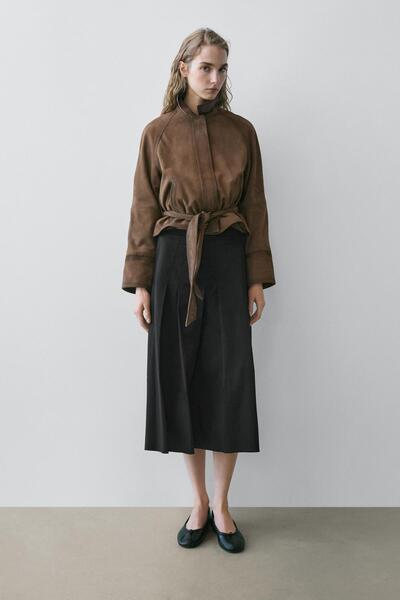 Massimo Dutti Pamuk karışımlı pilili midi etek