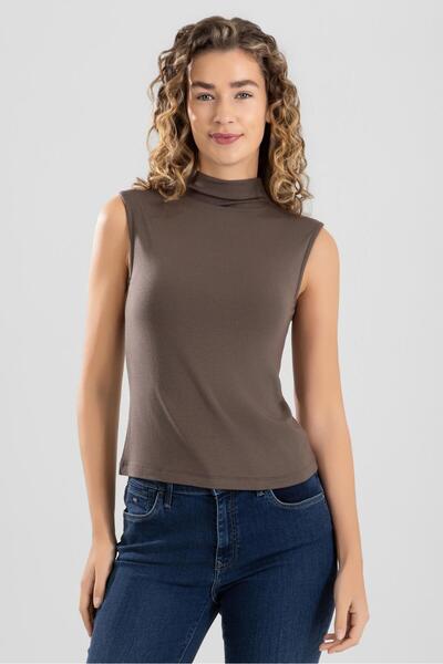 BAYKAR Дамско боди от модал и ликра с полуполо яка и без ръкави 6316 Кафяв