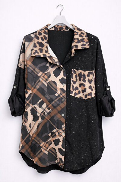 günay boutıque Leopard Garnished, Detailed Design Oversize Shirt – Black