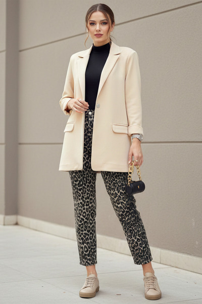 Kirazgym Women's Single Button Lycra Jacket with Pockets - Beige