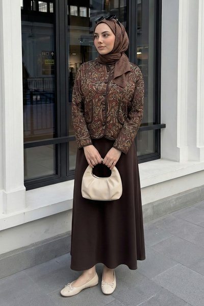 InStyle Ethnic Pattern Jacket Skirt Brown Set