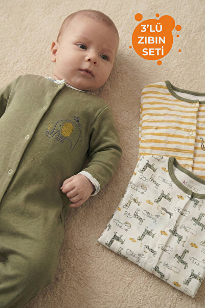 Rocha Baby Rocha Bebek 3’lü Pamuklu Tulum Seti - Safari, Çizgili ve Fil Desen...