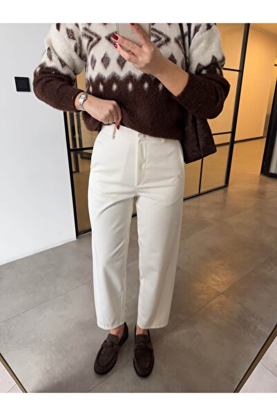 BB Bensu Buyruk High Waist Short Leg Classic Cut Pants Ecru