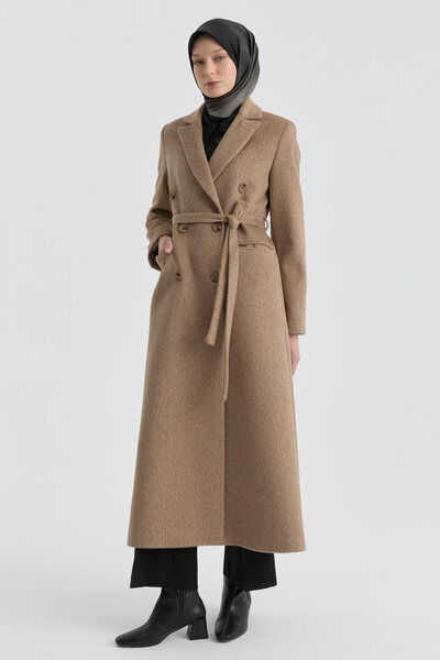 Tuğba Kruvaze İnce Kuşaklı Kaban - Vizon