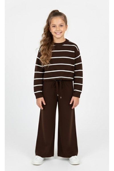 ADA YILDIZ KİDS Set tricotaje pentru fete, cu dungi, maro închis, 6/14 ani