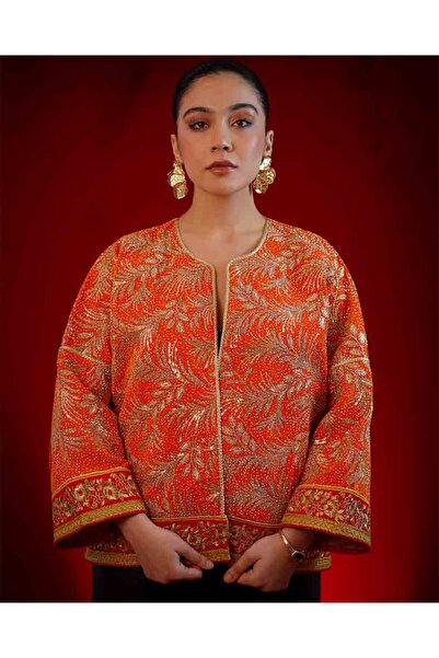 FAAYRA fashionhouse Kadın Turuncu Altın Renk İşlemeli Etnik Desenli Ceket
