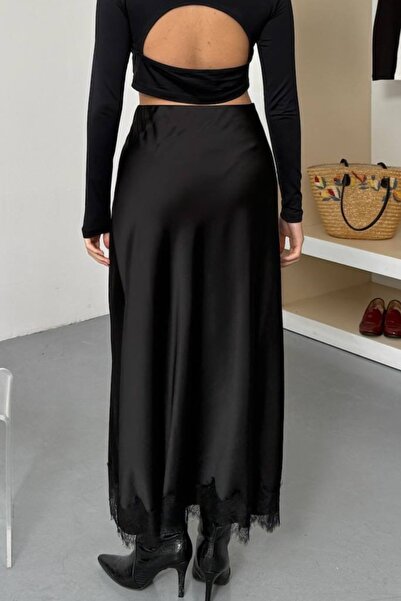Ded COLLECTION Women's Lace Detailed Long Satin Skirt with Elastic Waistband
