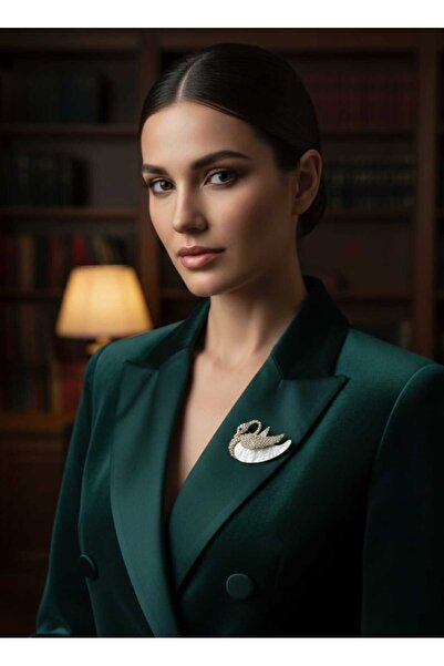 sarıyer silver Kuğu Model Broş Taşlı Yaka İğnesi Günlük Kıyafet Takı Kadın Ak...