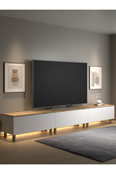 Wood'n Love Nora Bohem Ledli Tv Ünitesi 300 Cm 3 Kapaklı Dolaplı Atlantik Çam...