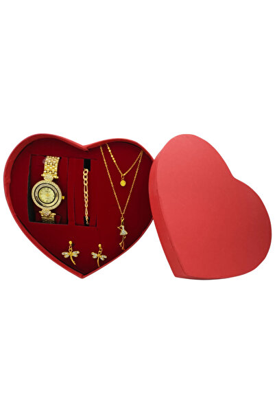 TEKMAKG Kadın Saat Takı Seti Kalpli Kutulu Altın Renk Bileklik Küpe Kolye Kombin