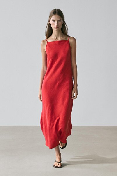 Massimo Dutti Düz yaka keten midi elbise