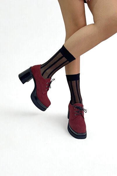 inizio Burgundy Suede Thick Heeled Shoes P9092