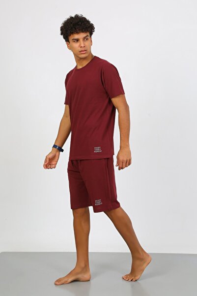 Akbeniz Men's Cotton Lacoste Bottom Top Capri Pajama Suit Burgundy 6872