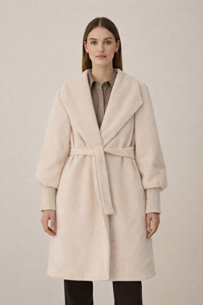 Kirazgym Lined Cashmere Coat Shawl Collar - Cream