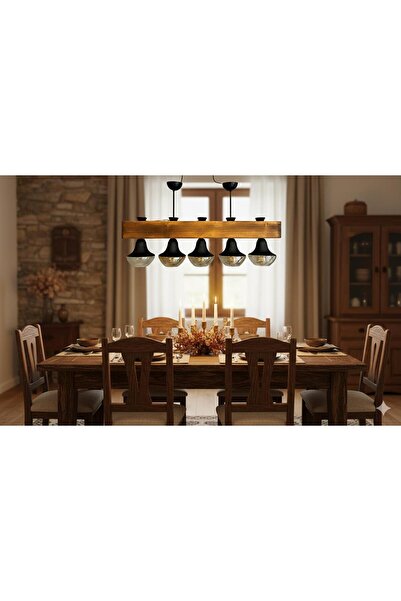 BİAVİZE AHŞAP TASARIM 5 Lİ CAMLI SARKIT AVİZE