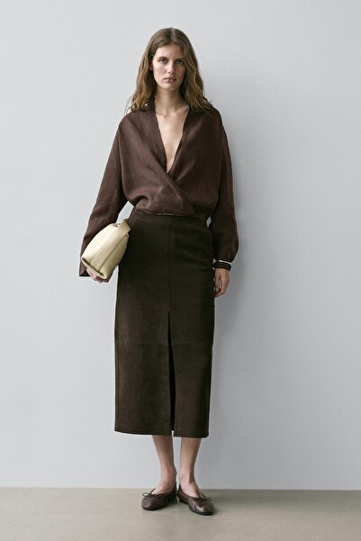 Massimo Dutti Kruvaze dökümlü keten bluz