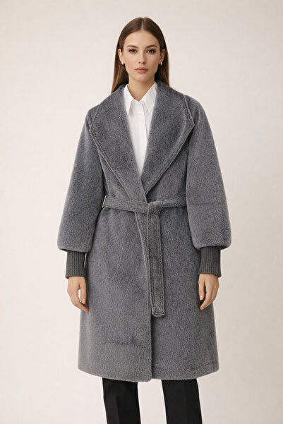 Kirazgym Lined Cashmere Coat with Shawl Collar - Smoked