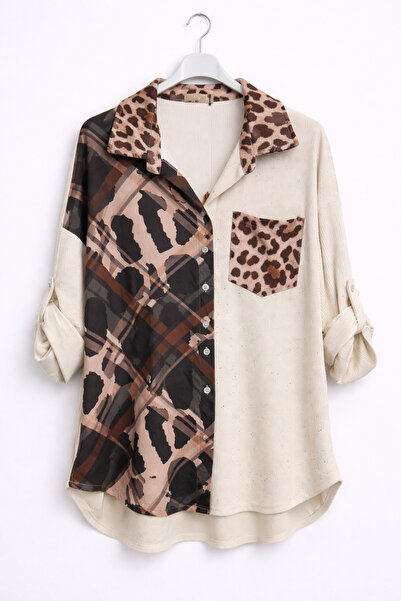 günay boutıque Leopard Garnished, Detailed Design Oversize Shirt – Beige