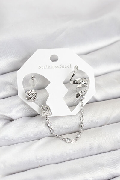 STİLLOVE Brass Silver Color Snake Model Chain Linked Ear Cuff Earring Set