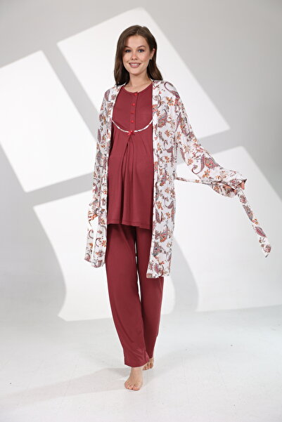 Rimel Homewear طقم بيجامة للحوامل والمرضعات مكون من 3 قطع - مع رداء، خصر قابل...