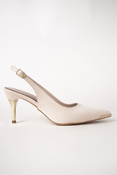 MUGGO Starlyn Pointed Toe Stone Detailed Open Back Women's Heeled Shoes