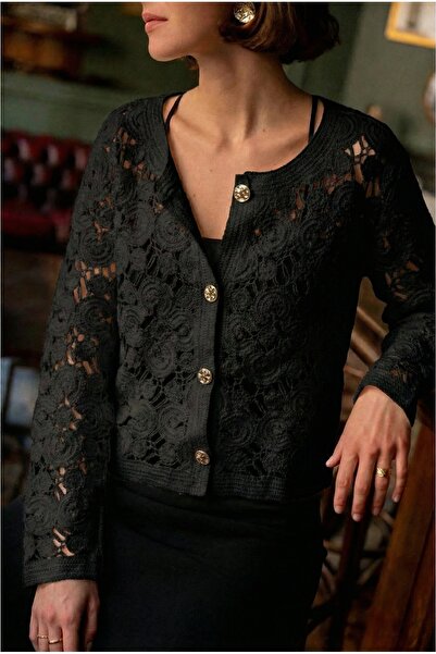 FEMELLE Black Crochet Cardigan with Buttons Standard Size