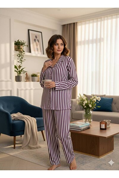 Cotton More Striped Milan Fabric Shirt Collar Buttoned Pajama Set Soft Fabric