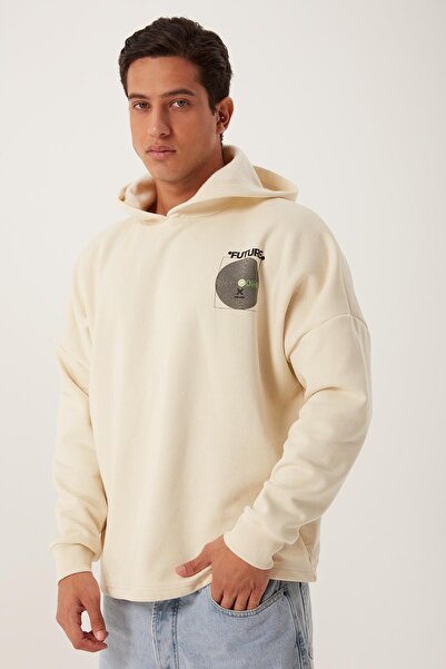 QUHOX Ανδρικό φούτερ με στάμπα oversize σε χρώμα εκρού