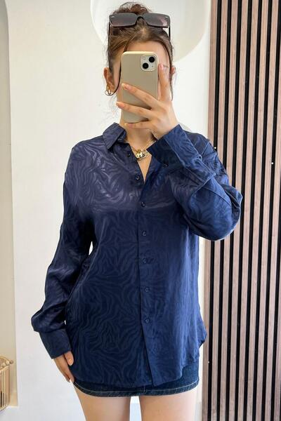 Mzr Collection Oval Cut Hem Jacquard Shirt - Navy Blue Navy Blue