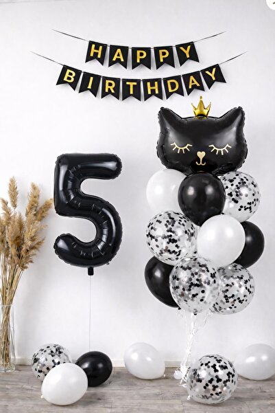 Patladı Gitti 5 Year Old Cat Themed Birthday Balloon Set – Black Concept