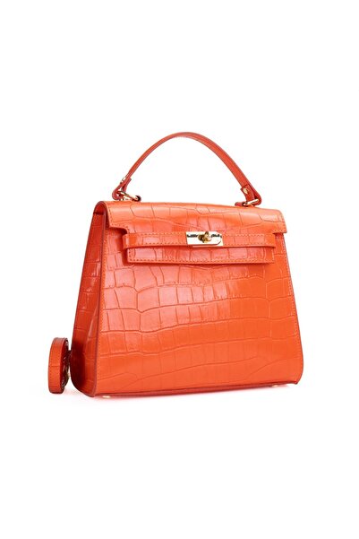 Posete Fagaras Teresa Leather Purse - Croco - Orange, Casual Bag Made of Genu...